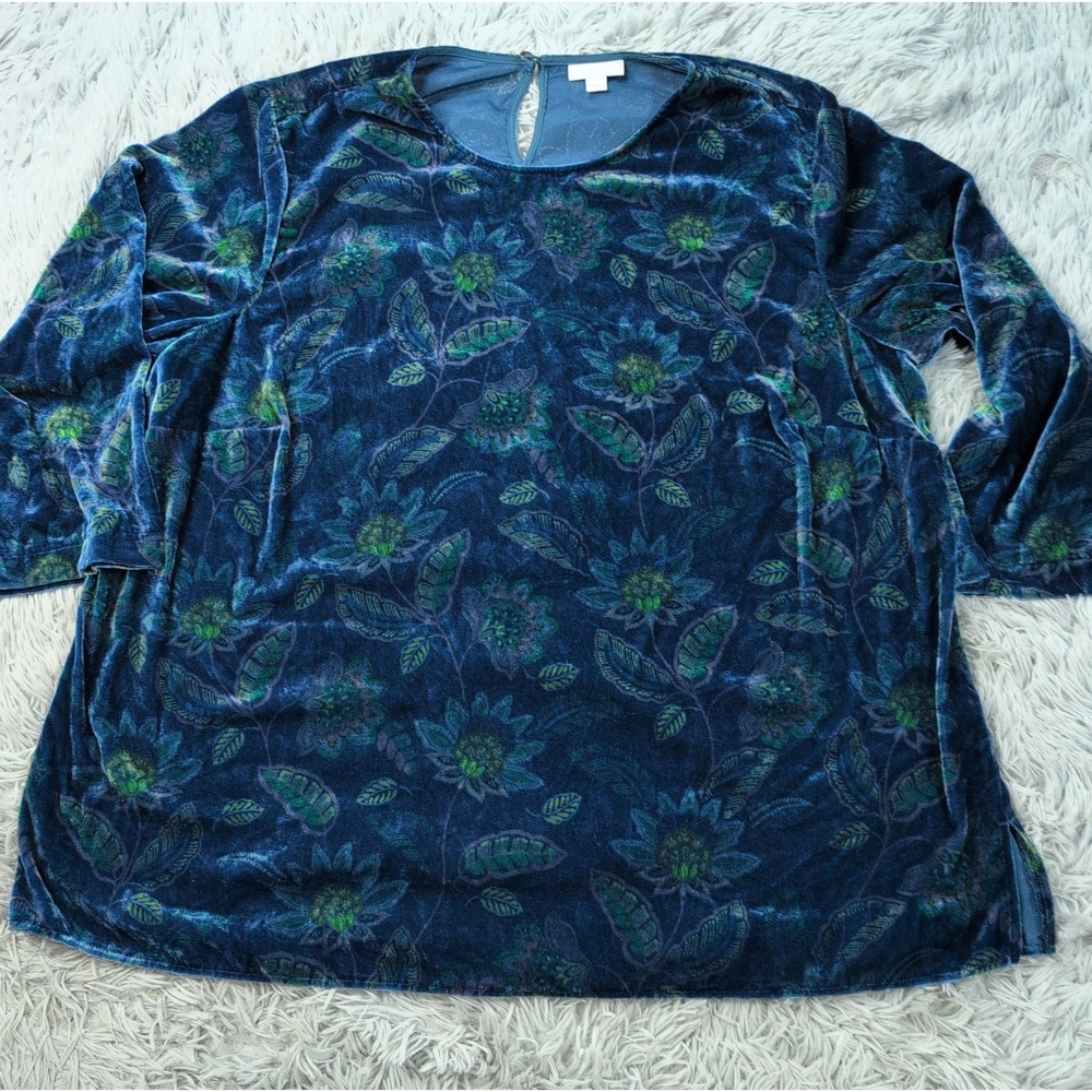 J. Jill Shirt Womens XL Blue Velvet Floral Top Comfort Casual Preppy Soft